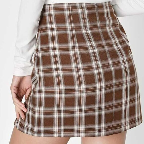 Lulus Brown Plaid High Rise Mini Skirt Wool Blend M - Picture 8 of 8